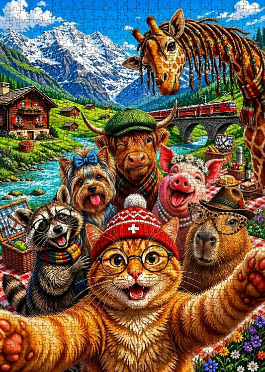 Swiss Alps Animal Selfie Jigsaw Puzzle