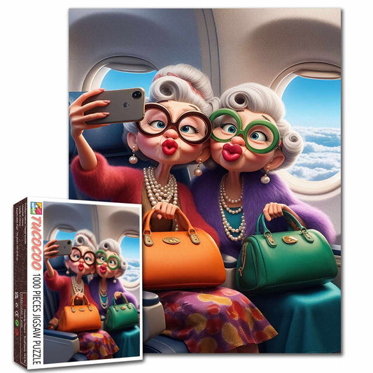 Stylish grandmothers taking airplane selfie Jigsaw Puzzle