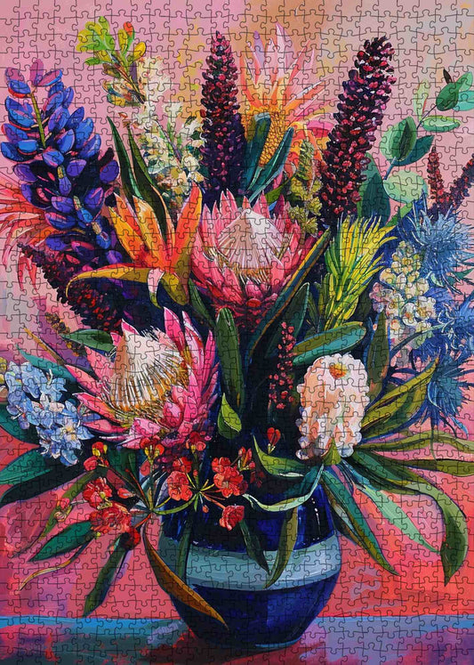 Vibrant Bloom Arrangement in Blue Vase Jigsaw Puzzle