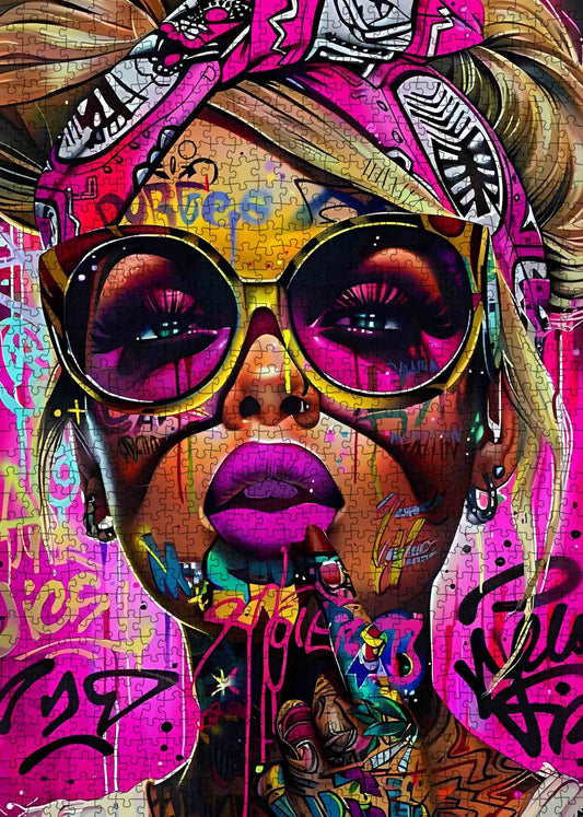 Vibrant Graffiti Diva in Neon Street Style Jigsaw Puzzle