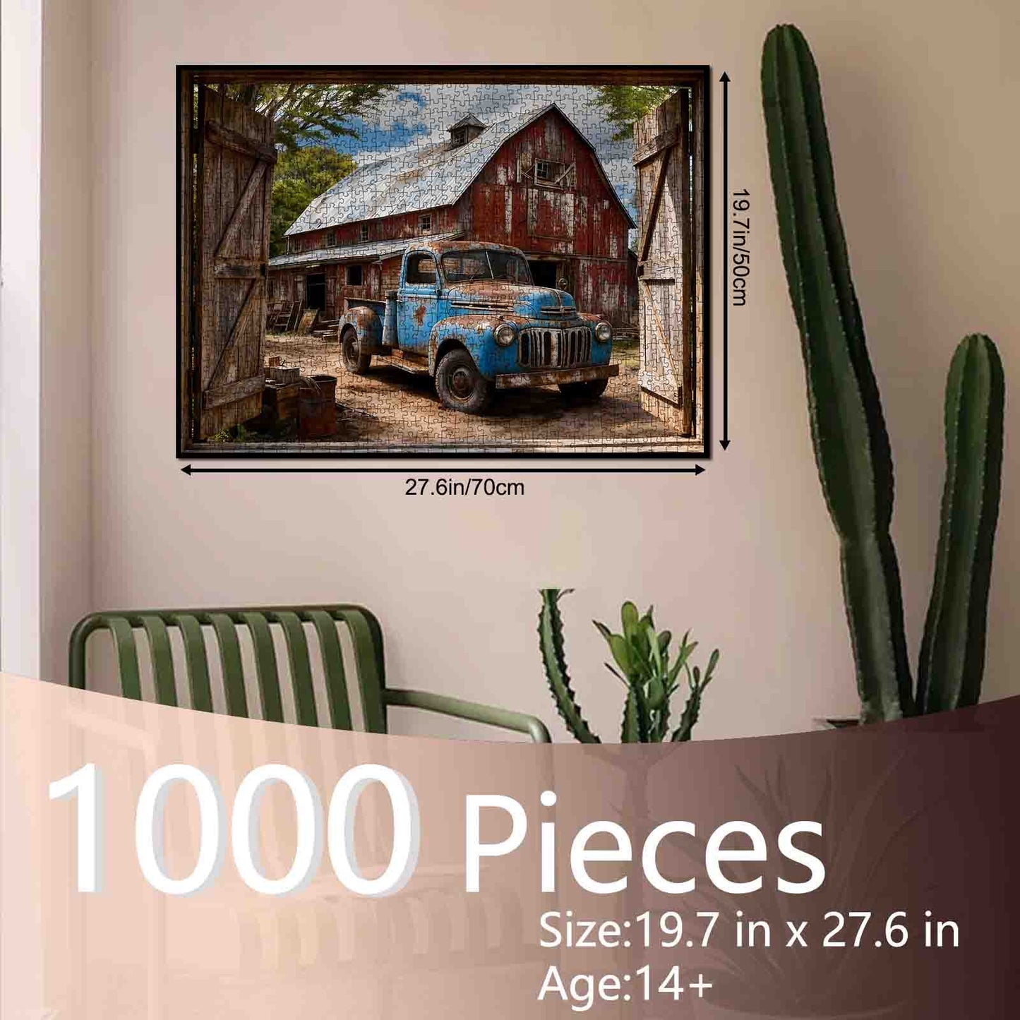 Vintage Blue Pickup Barnyard Scene Jigsaw Puzzle