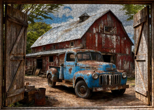 Vintage Blue Pickup Barnyard Scene Jigsaw Puzzle