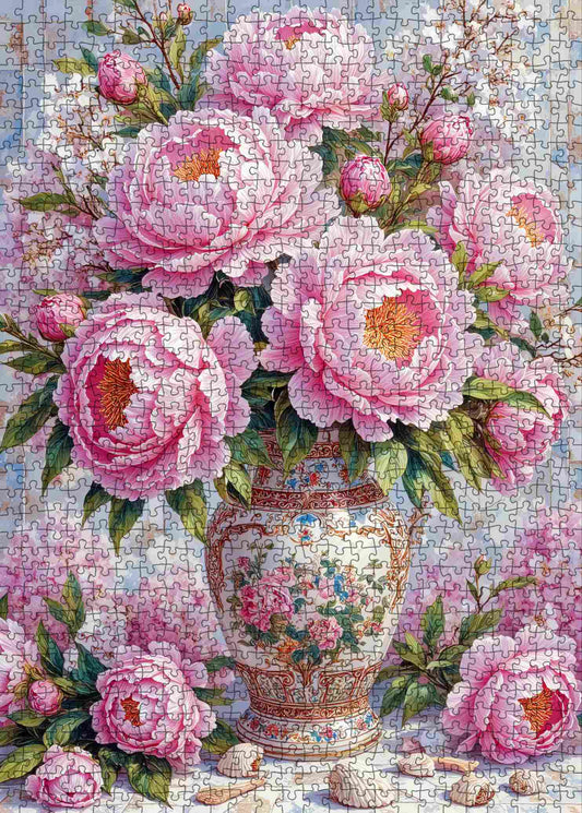 Vintage Pink Peony Vase Floral Art Jigsaw Puzzle