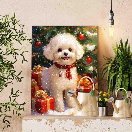 White Poodle Under Christmas Tree Paint by Numbers