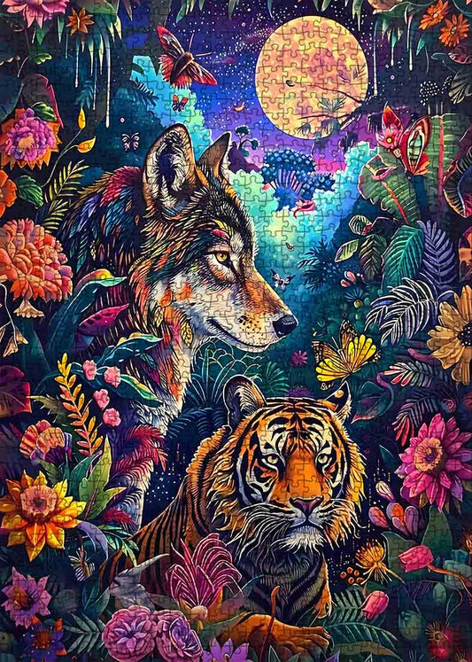 Wolf and Tiger in a Colorful Forest Jigsaw Puzzle