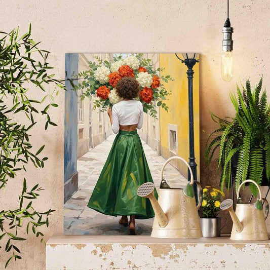 Woman with Green Skirt and Bouquet Paint by Numbers