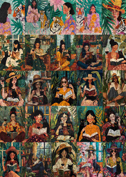 Women Reading with Cats in Lush Garden Scenes Jigsaw Puzzle