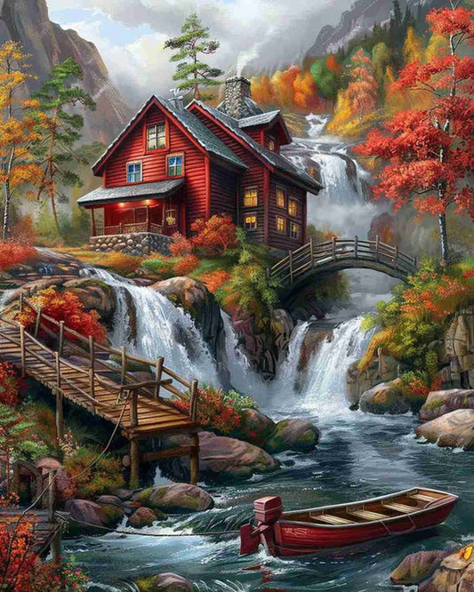 Autumn Lake Cabin Paint by Numbers - Tucocoo