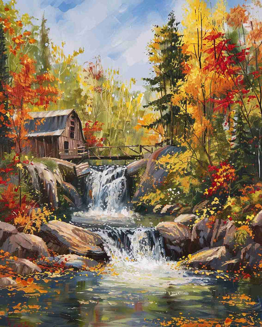 Autumn Waterfall Cottage Paint by Numbers - Tucocoo