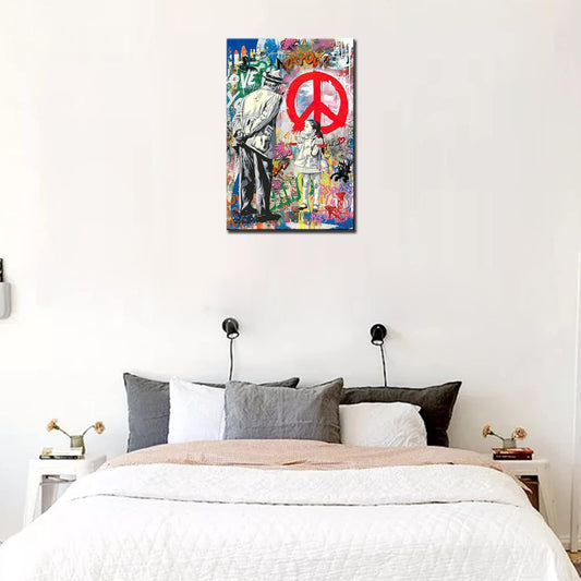 Banksy Graffiti Little Girl Peace Sign Canvas Wall Art - Tucocoo