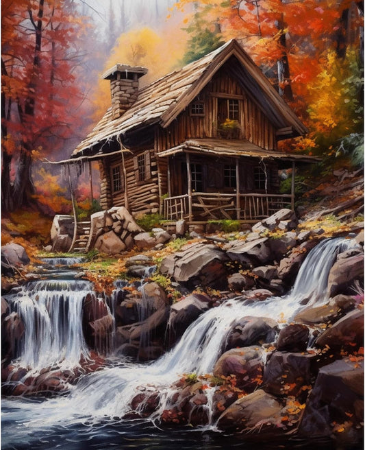 Cabin next to Waterfall in Autumn Paint by Numbers