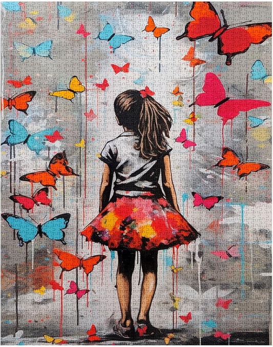 Little Girl Facing Colorful Butterfly Jigsaw Puzzles