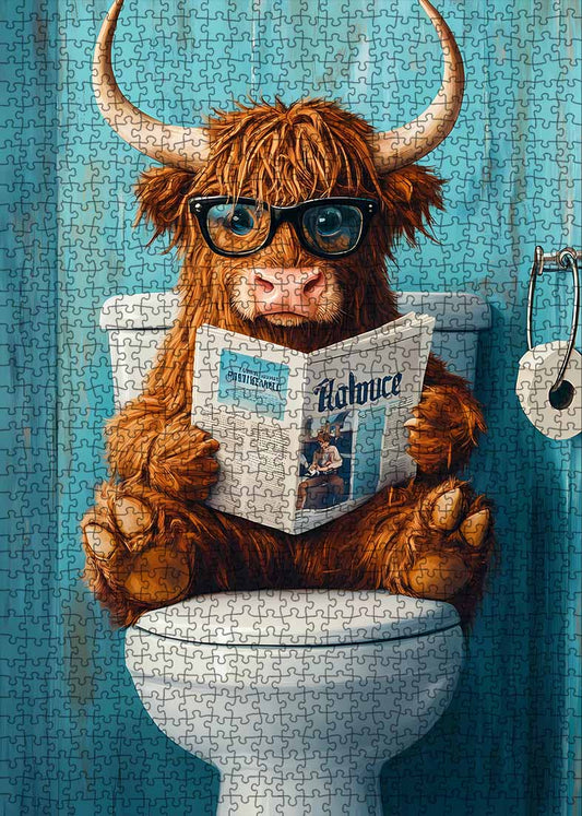 Highland Cow Reading Newspaper on Toilet Jigsaw Puzzle - Tucocoo