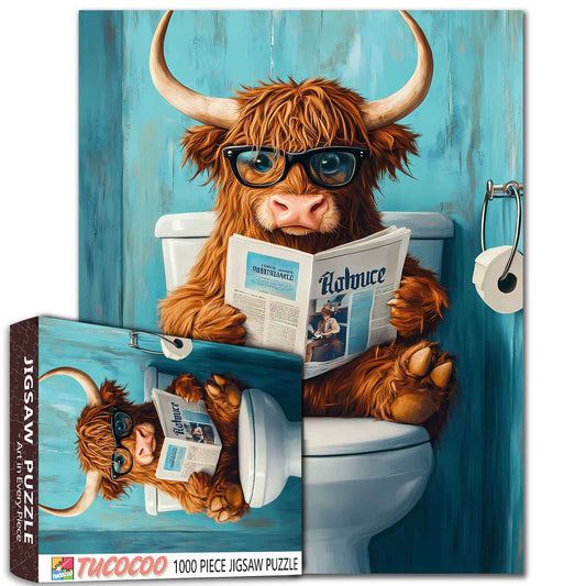 Highland Cow Reading Newspaper on Toilet Jigsaw Puzzle - Tucocoo