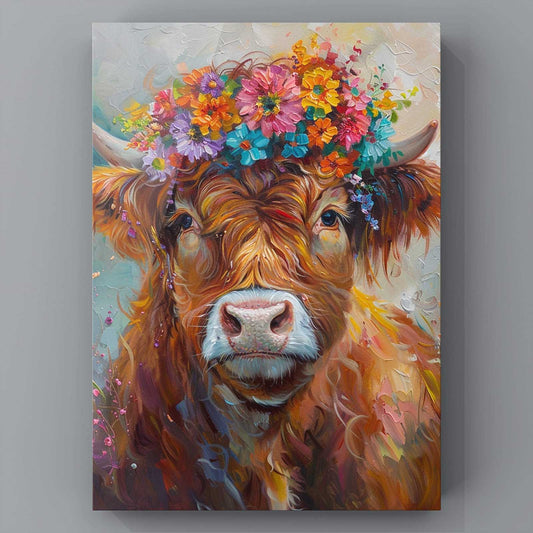 Highland Cow with Colorful Floral Crown Canvas Wall Art - Tucocoo