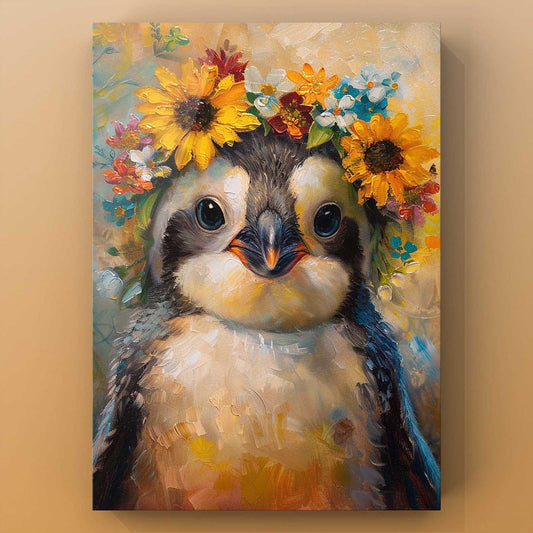 Penguin with Sunflower Crown Canvas Wall Art - Tucocoo
