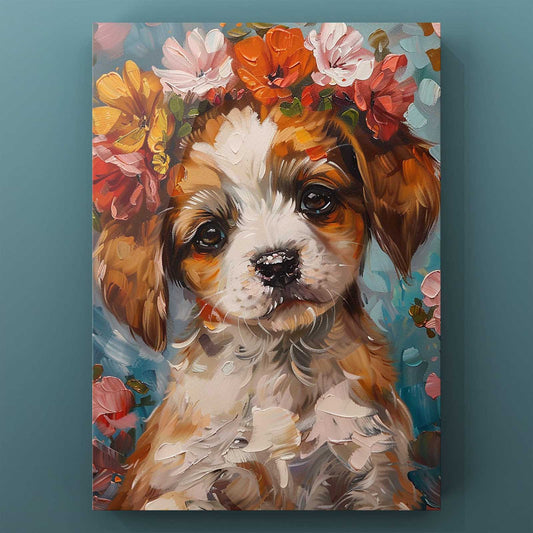Puppy with Floral Crown Canvas Wall Art - Tucocoo