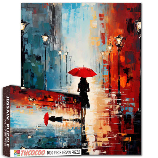 Red Umbrella in the Rain Jigsaw Puzzle - Tucocoo