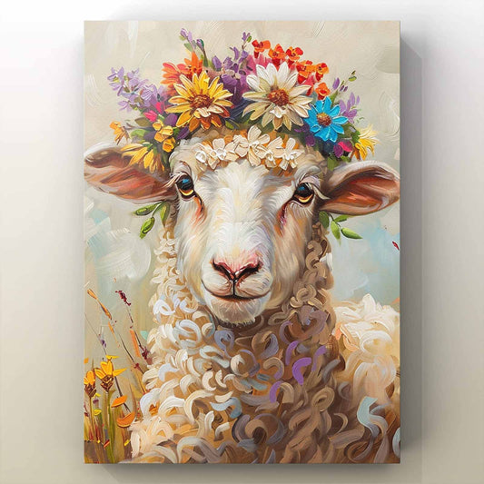 Sheep with Floral Crown Canvas Wall Art - Tucocoo