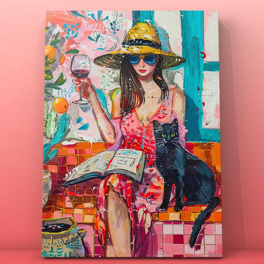 Woman with Hat Wine and Black Cat Paint by Numbers - Tucocoo