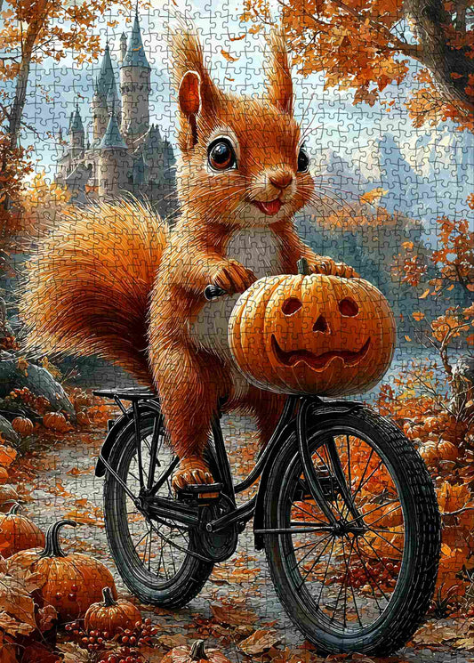 Autumn Forest Ride with Pumpkin Squirrel Jigsaw Puzzle