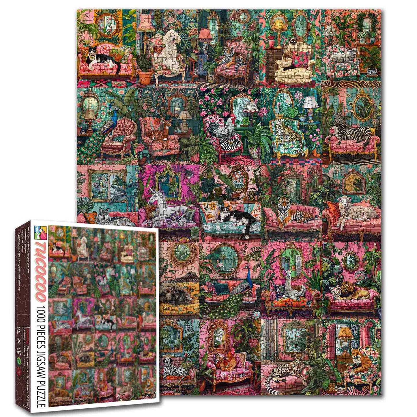 Whimsical Animals Relaxing in Lush Vintage Rooms Jigsaw Puzzle