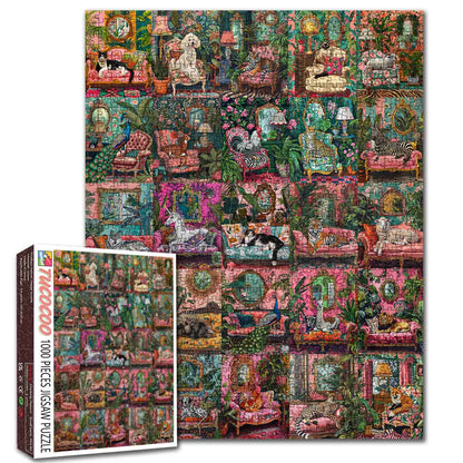 Whimsical Animals Relaxing in Lush Vintage Rooms Jigsaw Puzzle