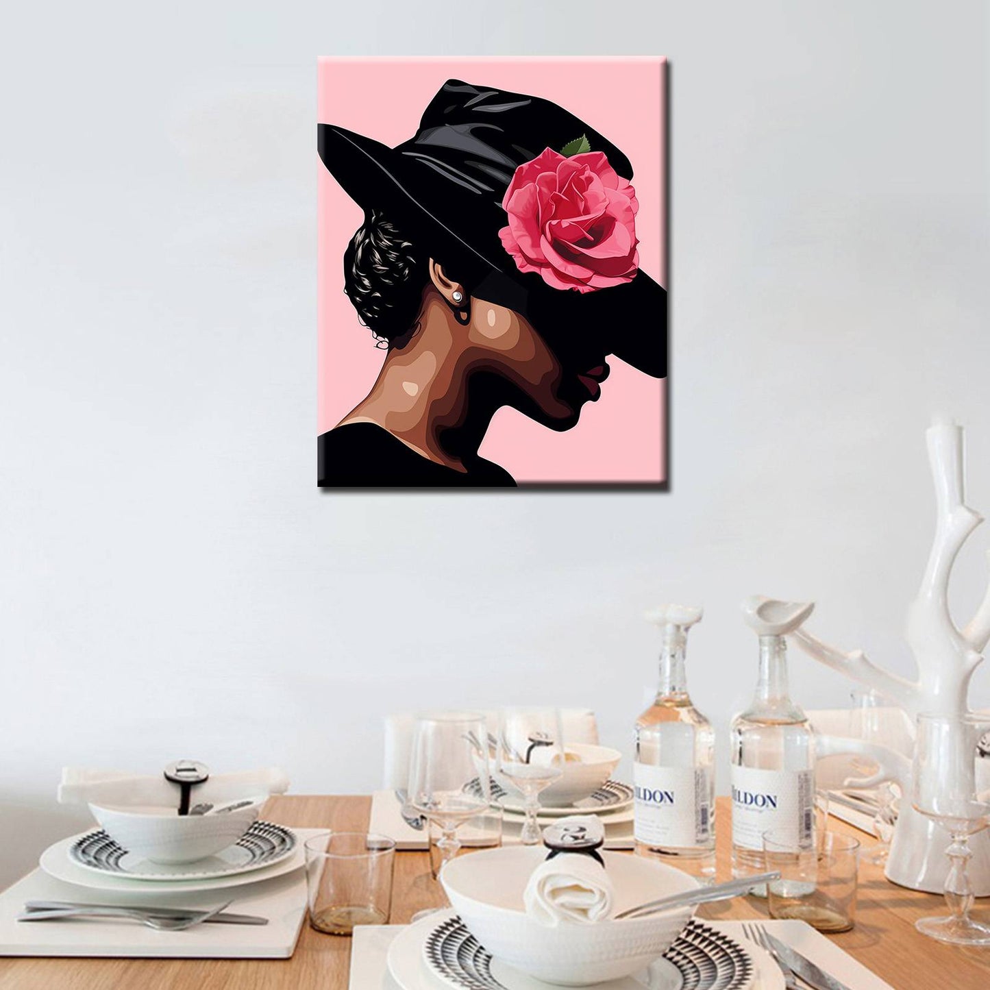 Graceful Black Hat Floral Portrait Paint by Numbers