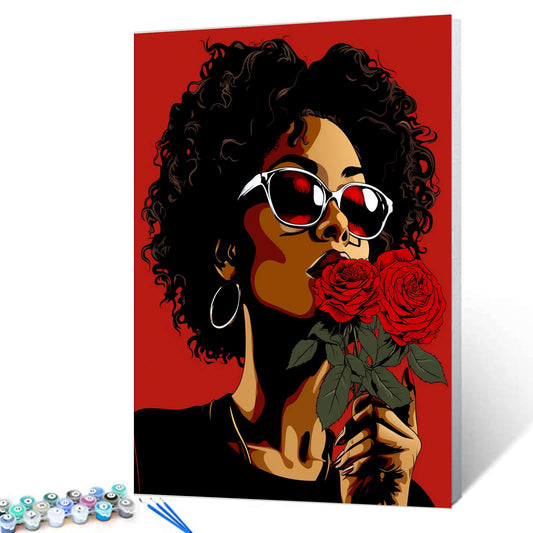 Elegant Woman with Red Rose Paint by Numbers