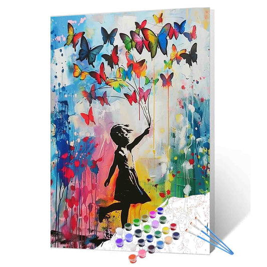 Little Girl Banksy Style Colorful Butterflies Paint by Numbers