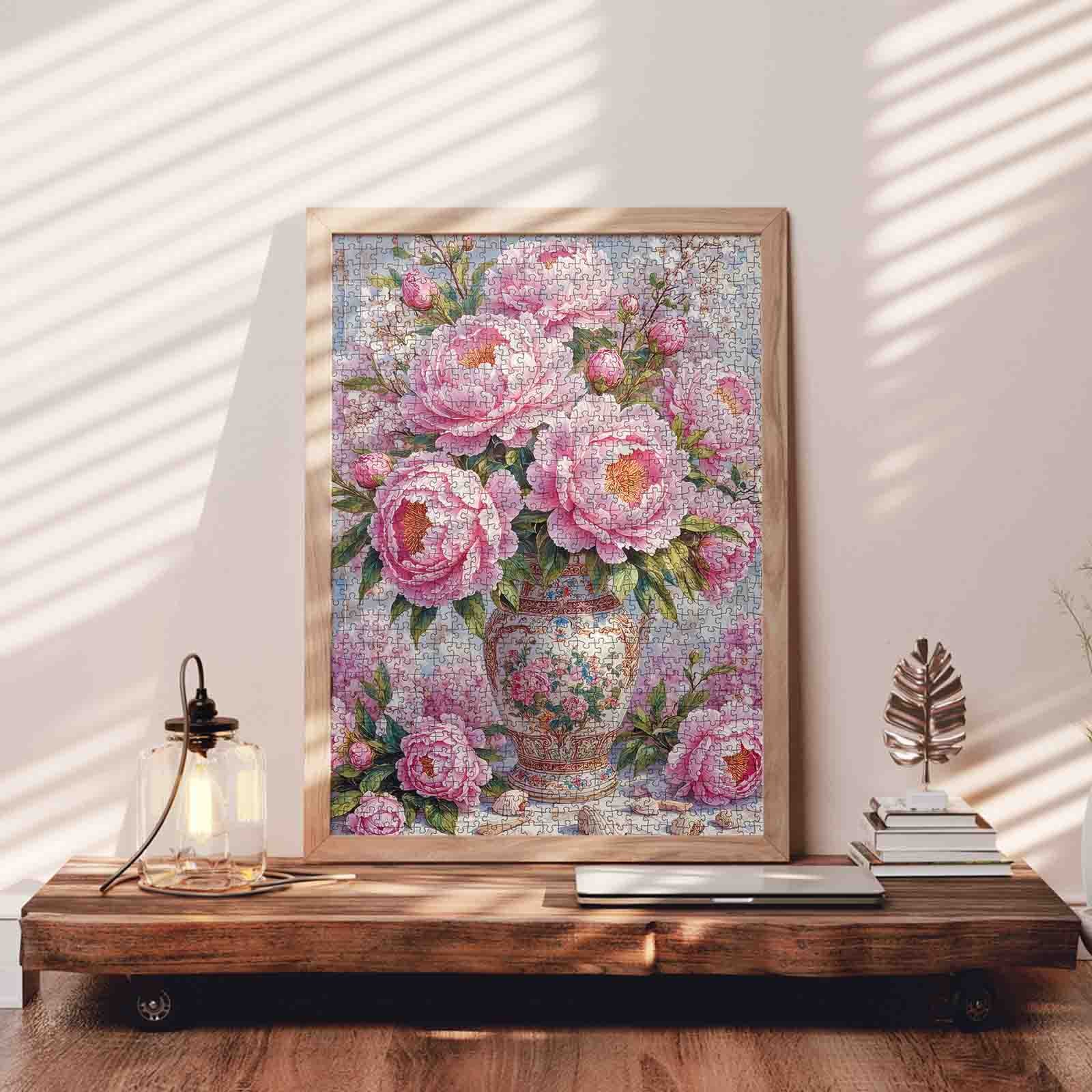 Vintage Pink Peony Vase Floral Art Jigsaw Puzzle