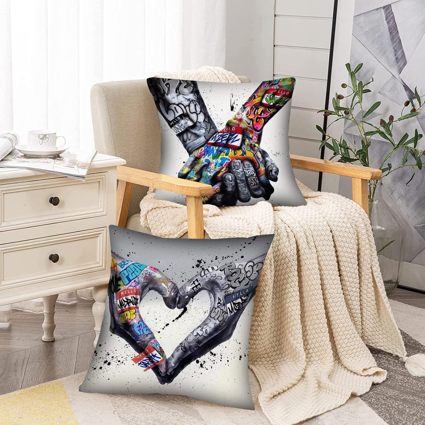 Tucocoo Graffiti Cushion Covers Decorative 18 x 18 Inch 4 Pack Banksy Street Art Pillow Covers Fist Inspirational Finger Throw Pillow Hands Pillow Cases for Couch Sofa Living Room