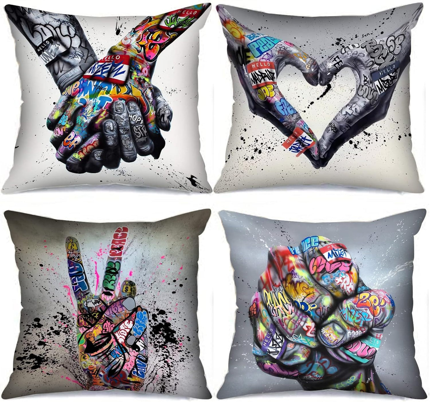 Tucocoo Graffiti Cushion Covers Decorative 18 x 18 Inch 4 Pack Banksy Street Art Pillow Covers Fist Inspirational Finger Throw Pillow Hands Pillow Cases for Couch Sofa Living Room