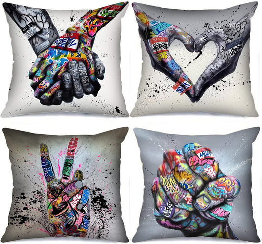 Tucocoo Graffiti Cushion Covers Decorative 18 x 18 Inch 4 Pack Banksy Street Art Pillow Covers Fist Inspirational Finger Throw Pillow Hands Pillow Cases for Couch Sofa Living Room