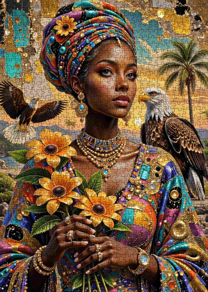 African Queen with Eagles and Sunflowers Jigsaw Puzzle