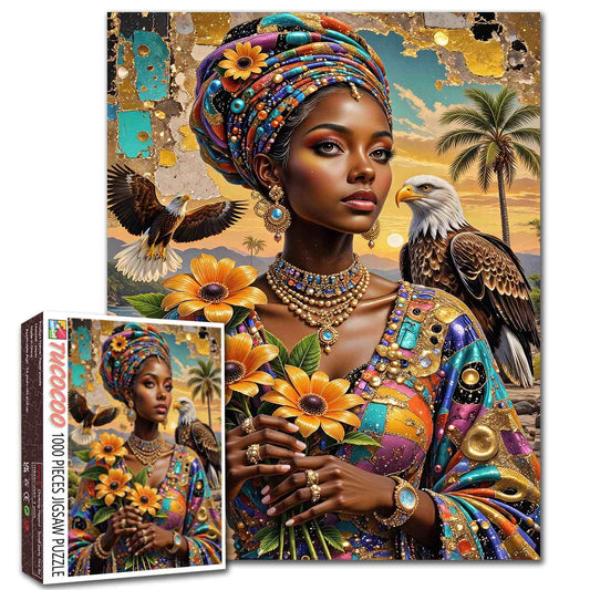 African Queen with Eagles and Sunflowers Jigsaw Puzzle