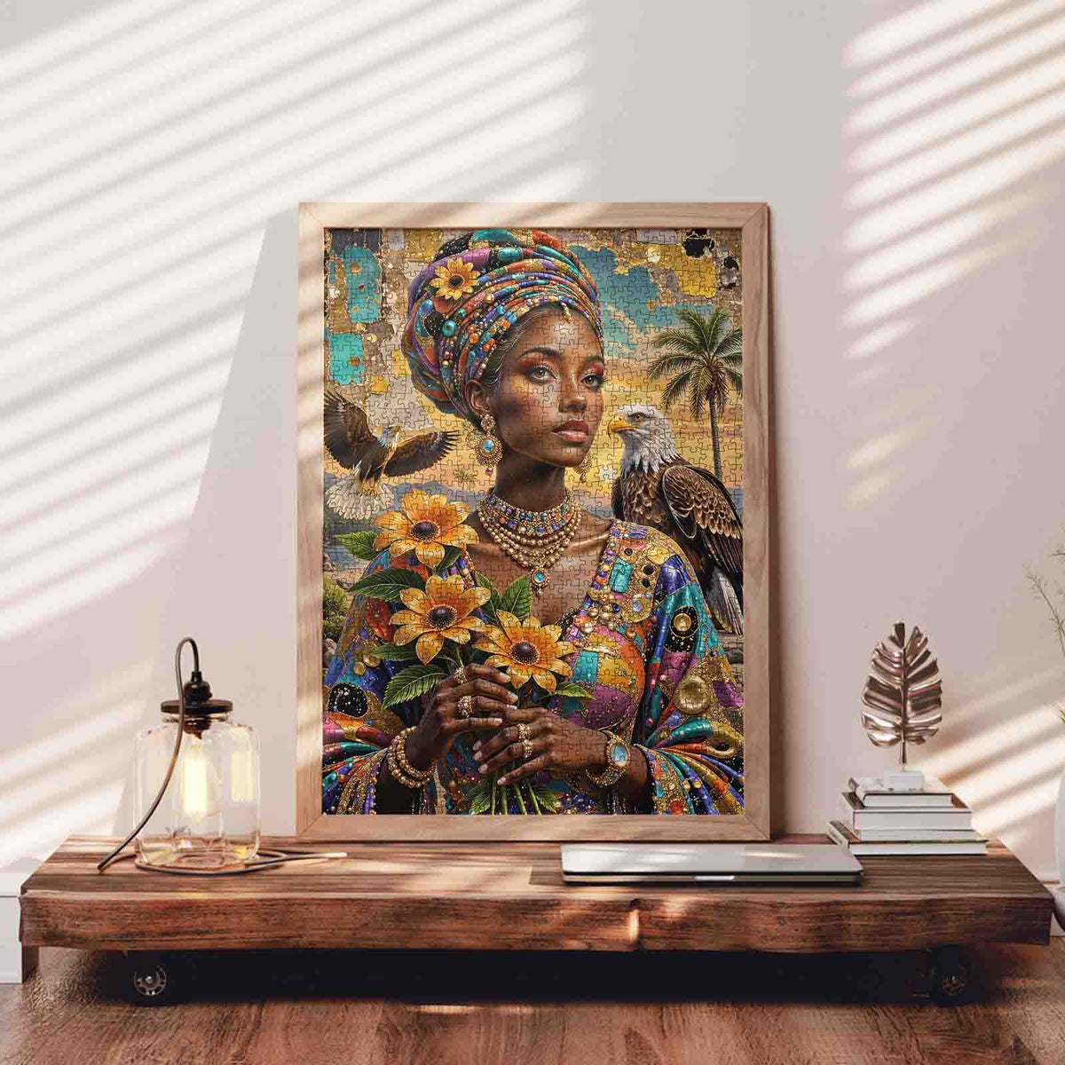 African Queen with Eagles and Sunflowers Jigsaw Puzzle