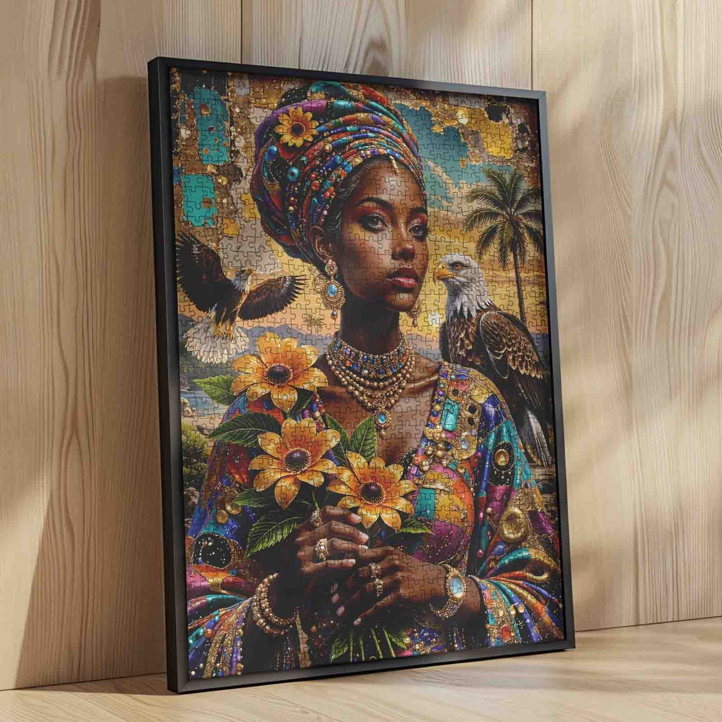 African Queen with Eagles and Sunflowers Jigsaw Puzzle