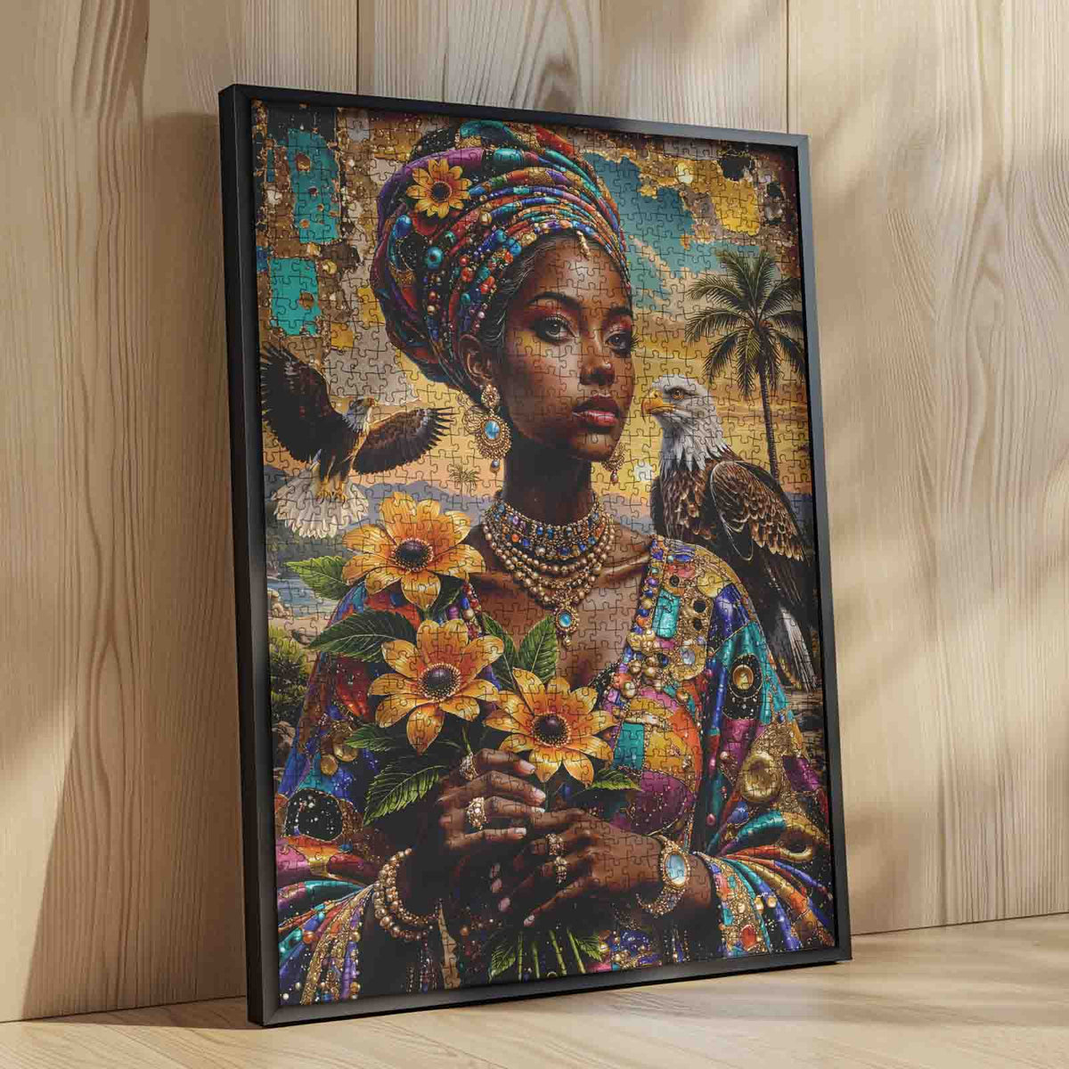 African Queen with Eagles and Sunflowers Jigsaw Puzzle