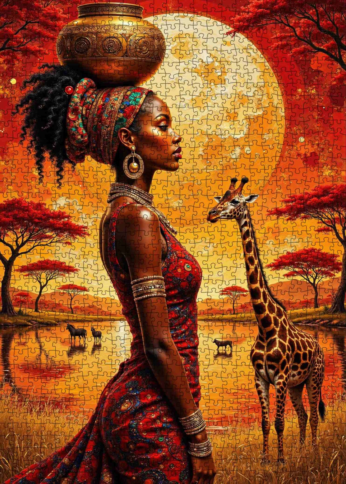 African Sunset Woman and Giraffe Jigsaw Puzzle