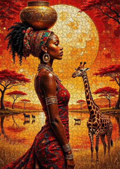 African Sunset Woman and Giraffe Jigsaw Puzzle