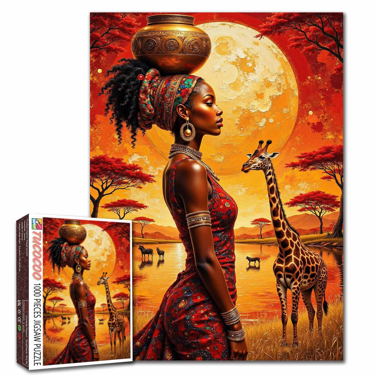 African Sunset Woman and Giraffe Jigsaw Puzzle