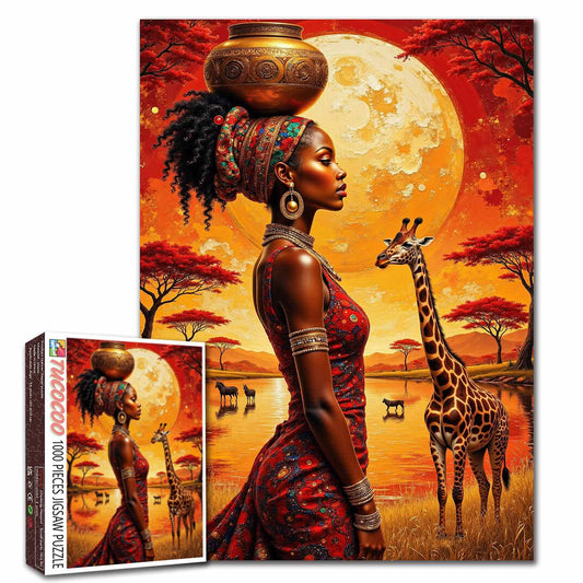 African Sunset Woman and Giraffe Jigsaw Puzzle