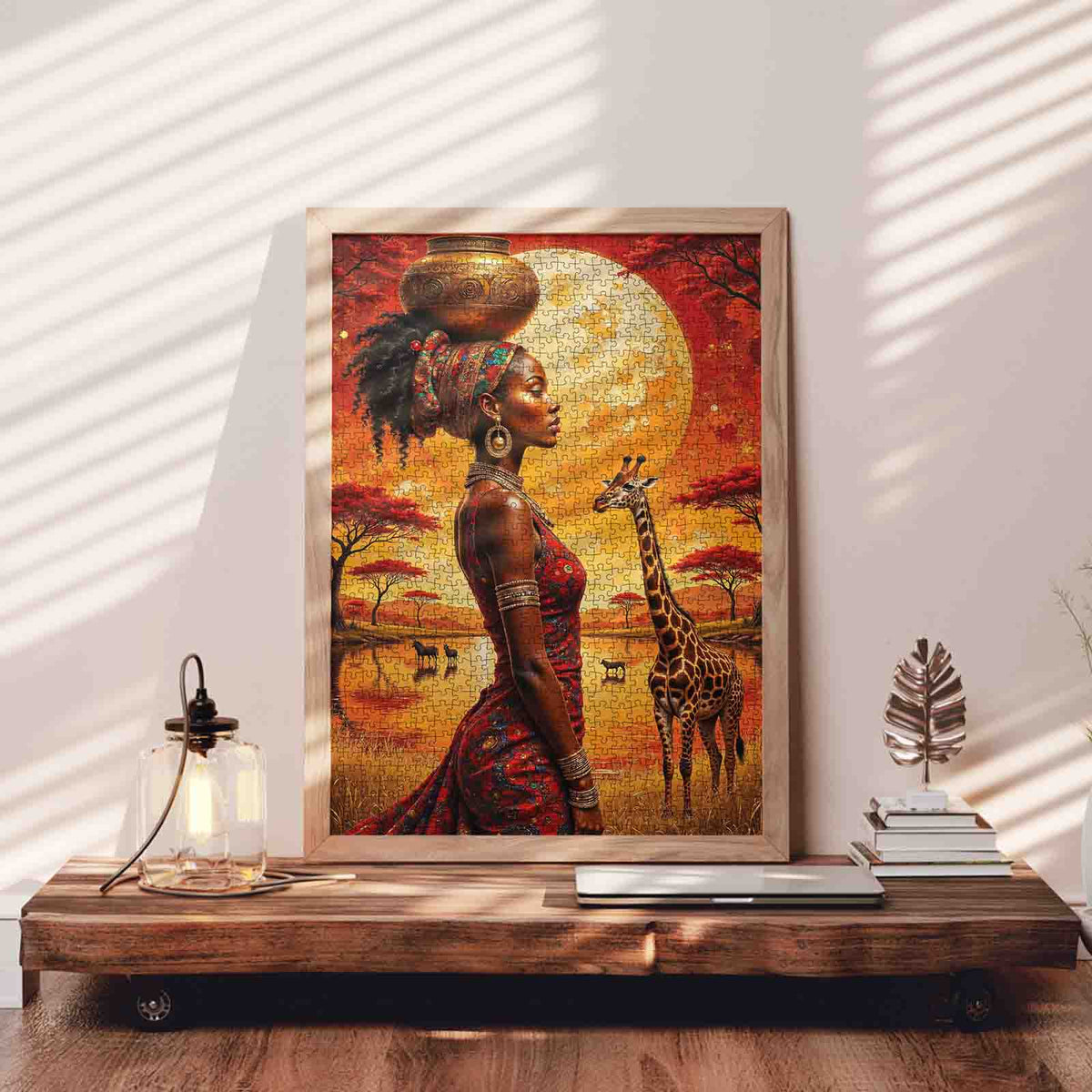 African Sunset Woman and Giraffe Jigsaw Puzzle