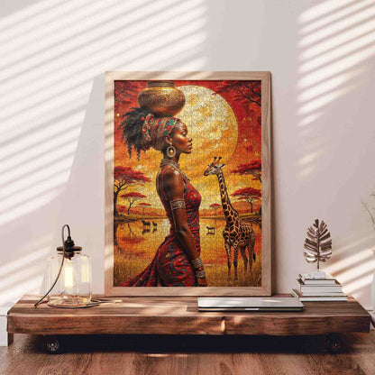 African Sunset Woman and Giraffe Jigsaw Puzzle