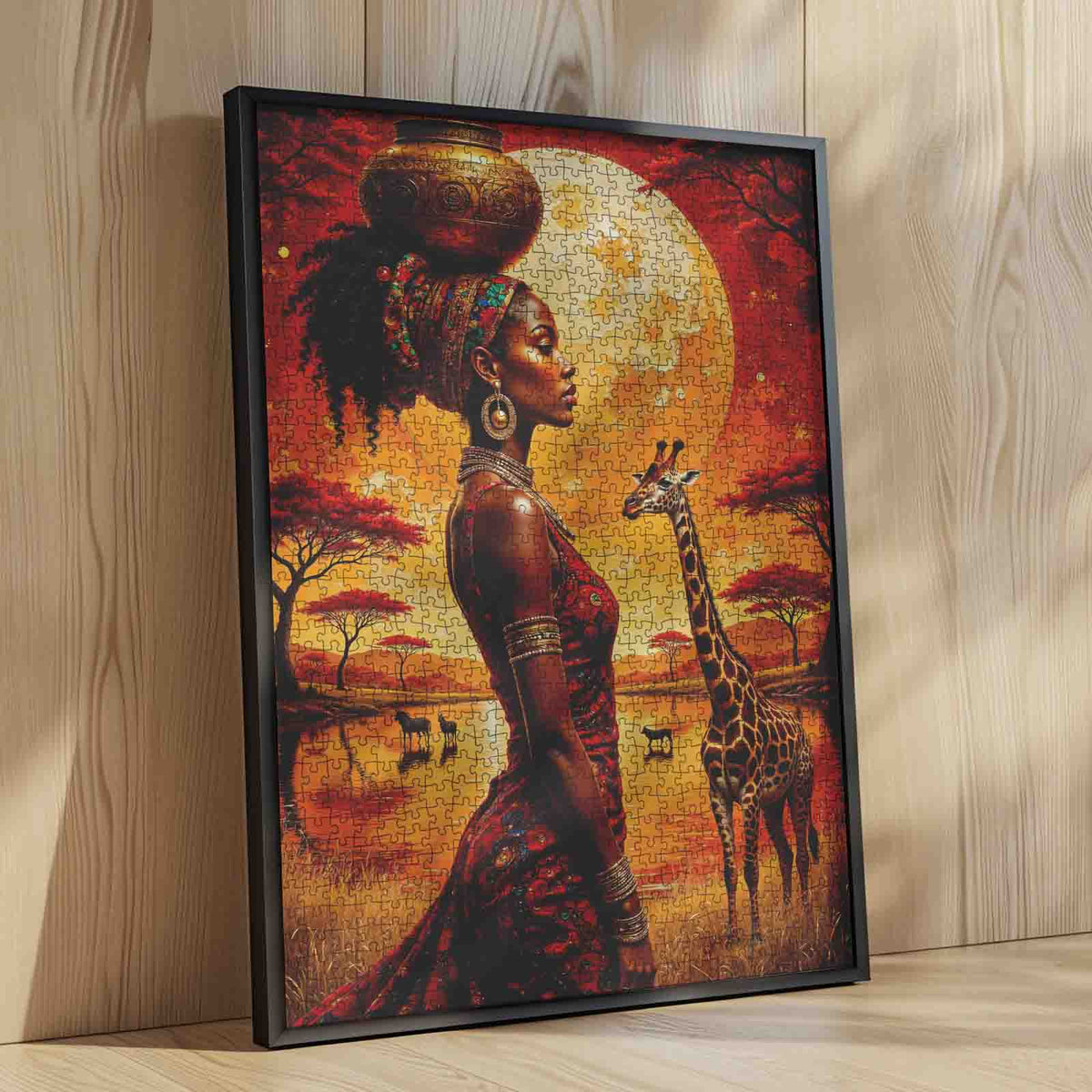 African Sunset Woman and Giraffe Jigsaw Puzzle
