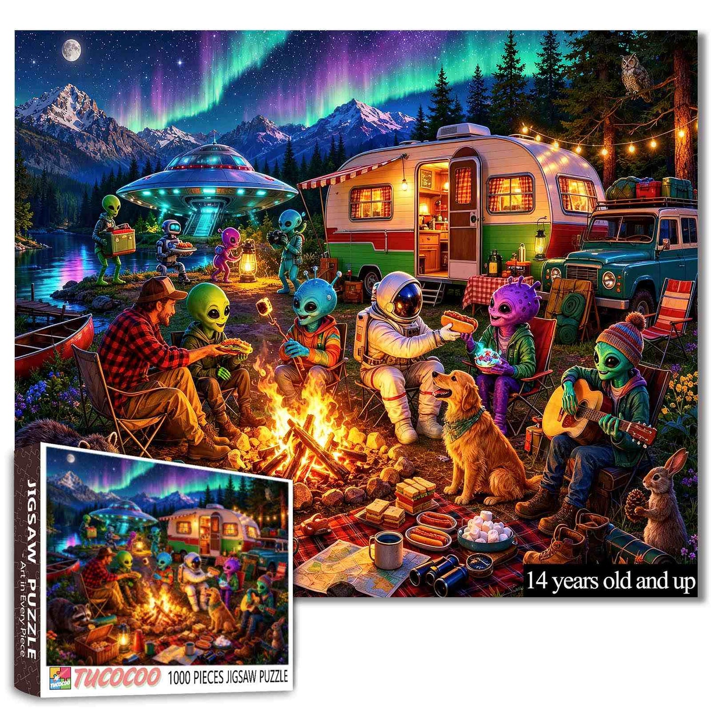 Alien Camping Adventure Under the Northern Lights Jigsaw Puzzle