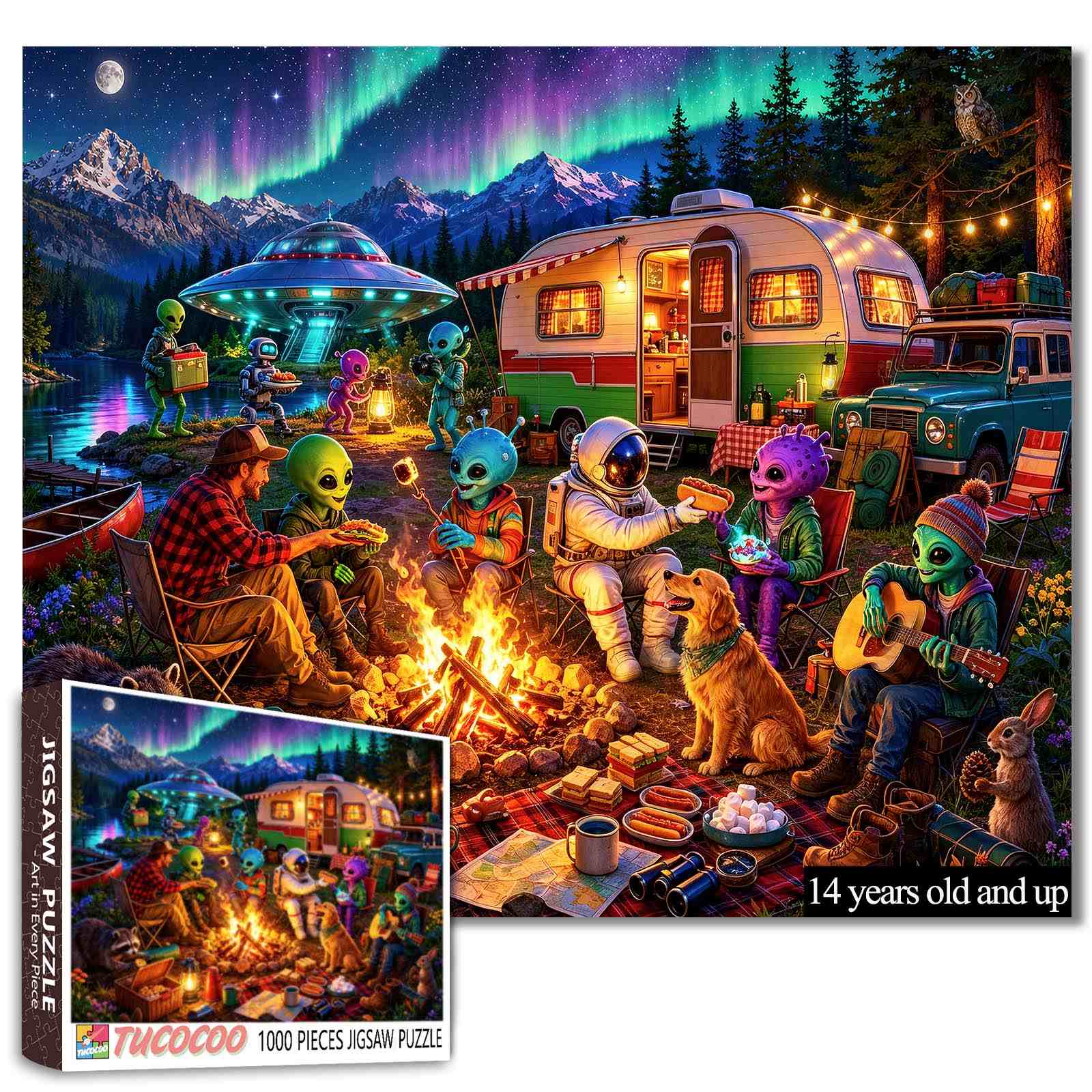 Alien Camping Adventure Under the Northern Lights Jigsaw Puzzle