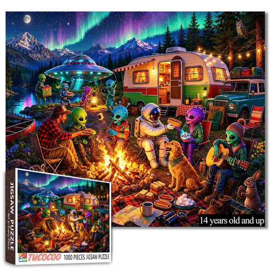 Alien Camping Adventure Under the Northern Lights Jigsaw Puzzle