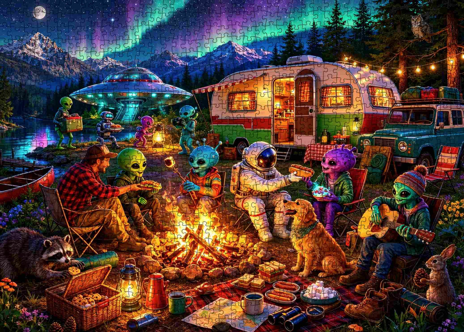 Alien Camping Adventure Under the Northern Lights Jigsaw Puzzle